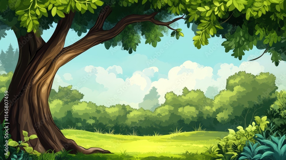 Naklejka premium Vibrant natural landscape with a large tree and lush greenery under a bright blue sky ideal for nature-themed projects and backgrounds