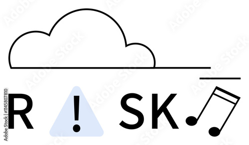 Cloud outline over letters R, S, K with an exclamation mark in a triangle replacing the I. Ideal for technology, cybersecurity, innovation, creativity, warnings web design digital solutions. Line