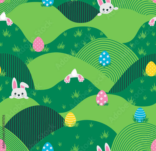Green landscape with easter eggs and bunny seamless pattern. Vector illustration.