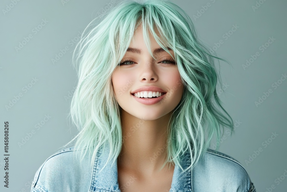 Young woman with mint green hair smiles against a light background wearing a denim jacket, embodying a cheerful and modern vibe Young woman with mint green hair smiles against a light background wearing a denim jacket, embodying a cheerful and modern vibe