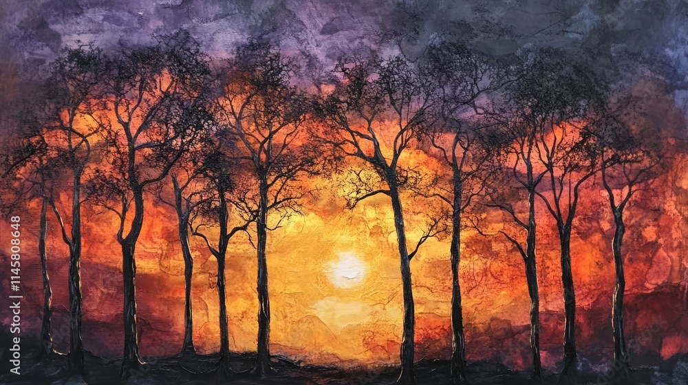 Silhouetted trees framed by a vibrant sunset sky depicting nature's tranquil beauty and the transition of day to night