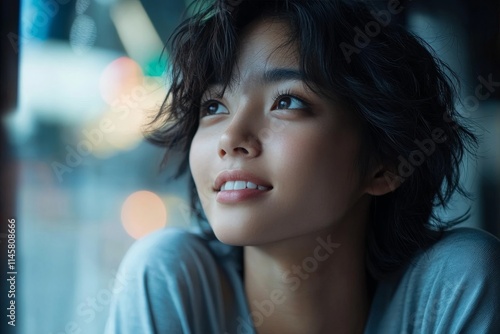 Young woman with tousled hair gazes thoughtfully out of window in a cozy cafe during evening hours