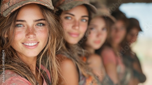 Four smiling women in caps, close-up.