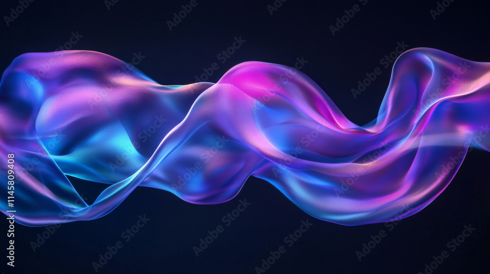 Abstract liquid glass transparent ribbon. Realistic vector illustration of blue and purple spectrum holographic floating wave shape. Iridescent dynamic curve translucent design element flowing in air. Abstract liquid glass transparent ribbon. Realistic vector illustration of blue and purple spectrum holographic floating wave shape. Iridescent dynamic curve translucent design element flowing in air.