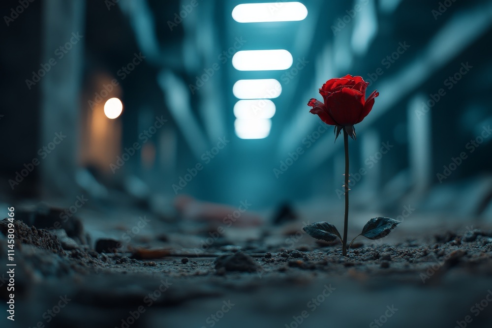 Red rose stands alone in a dimly lit corridor filled with dust and shadows during evening hours Red rose stands alone in a dimly lit corridor filled with dust and shadows during evening hours