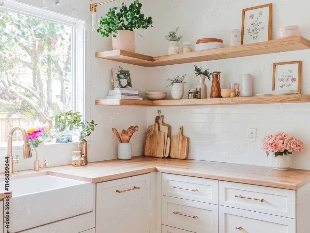 Bright Kitchen Corner Shelves Decorated With Plants And Dishes Bright Kitchen Corner Shelves Decorated With Plants And Dishes