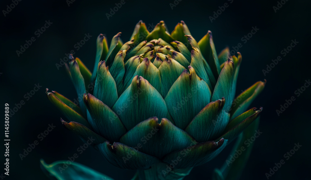 A close-up of a flower, the petals forming sharp teeth against a dark background. A close-up of a flower, the petals forming sharp teeth against a dark background.
