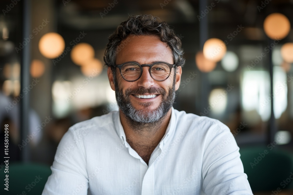 Friendly man with glasses smiles warmly in modern cafe during daytime Friendly man with glasses smiles warmly in modern cafe during daytime
