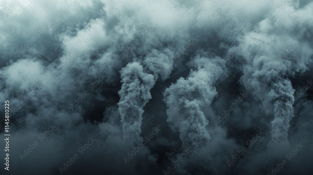 Obraz premium Black smoke with fire, dark fog clouds or steam trails. Industrial smog, factory or plant environmental air pollution isolated on transparent background, Realistic 3d vector illustration, icons set