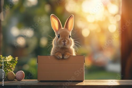 Cute bunny sitting in a cardboard box on a wooden table against a blurred background with copy space, in the golden hour light. Easter concept. A banner for advertising and fast de photo