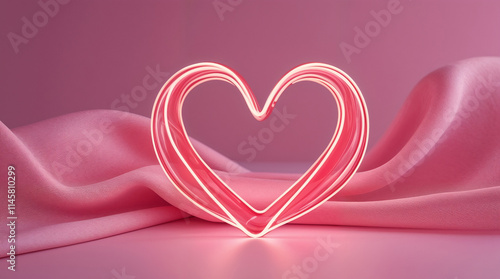 A soft pink background with smooth, glowing neon red lines gently forming the shape of a heart symbol. The lines are delicate and luminous, giving off a warm, romantic glow. Valentine's day