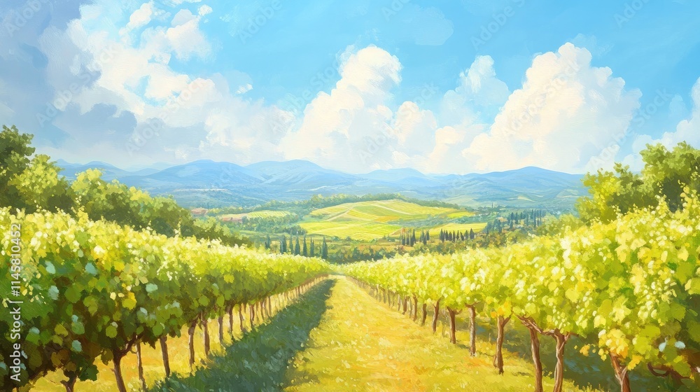 Vibrant vineyards under a sunny sky with rolling hills and lush greenery creating a picturesque landscape for wine enthusiasts and travelers. Vibrant vineyards under a sunny sky with rolling hills and lush greenery creating a picturesque landscape for wine enthusiasts and travelers.
