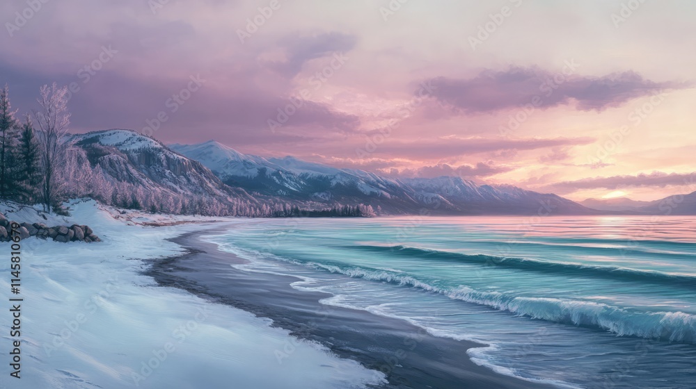 Obraz premium Serene winter twilight at a beach with smooth turquoise waters, snow-covered shores, and mountains under pastel skies.