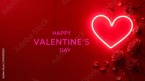 The background is heart red with soft warm white neon flex lights forming a heart, HAPPY VALENTINE's DAY