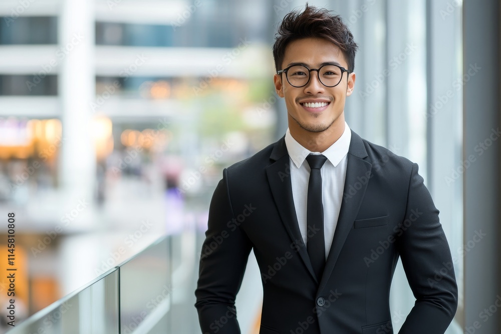 Confident businessman smiles while standing in modern office setting with urban view in the background
