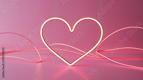 A soft pink background with smooth, glowing neon red lines gently forming the shape of a heart symbol. The lines are delicate and luminous, giving off a warm, romantic glow. Valentine's day