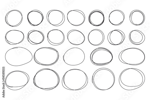 Simple Hand Draw Circles Vector Set Line Art Style. Abstract One Line Frames Collection. Hand Drawn Linear Circles for Trendy Modern Design