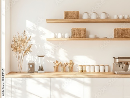 Minimalist Kitchen Shelving With Wooden Accents And White Dishes photo