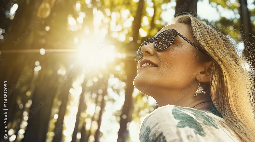 Naklejka premium A blind woman confidently enjoys the warmth of the sun in a vibrant forest. Surrounded by tall trees, she radiates joy, celebrating her strength and individuality amidst nature's beauty