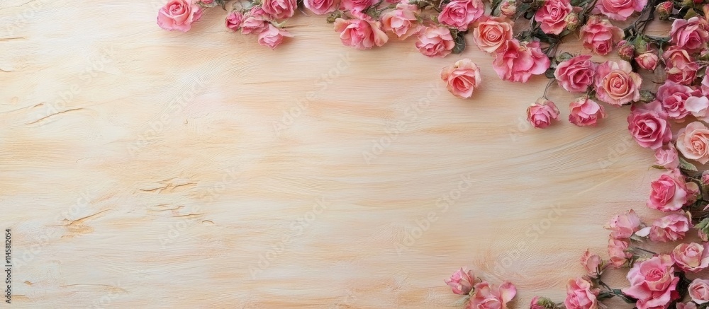 Pink roses framing a light wood background creating a perfect space for personalized text or messages in an elegant setting Pink roses framing a light wood background creating a perfect space for personalized text or messages in an elegant setting