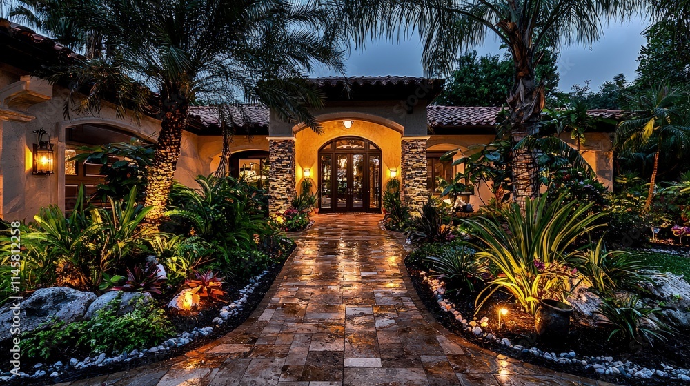 Obraz premium Luxurious Mediterranean villa entrance illuminated at twilight with a stone pathway and tropical landscaping.