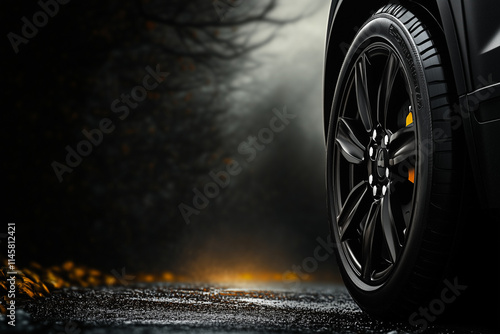 Wallpaper Mural Off road car wheel on the dark road close up background with copy space. Torontodigital.ca