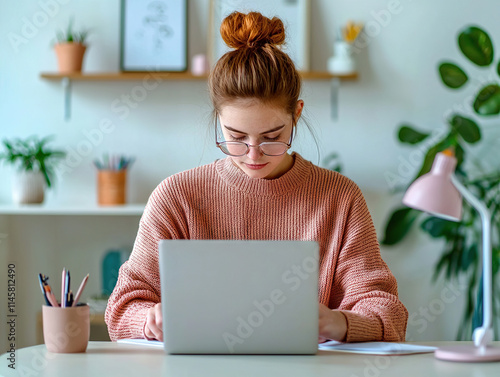 focused student working on laptop in clean, organized study space with natural light photo