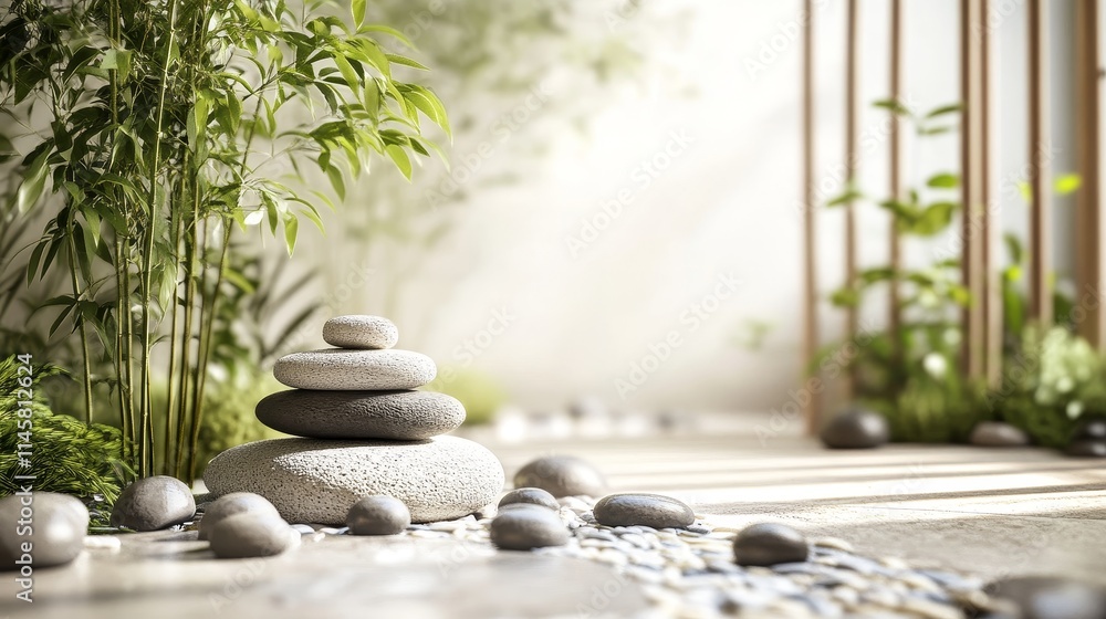A serene arrangement of stacked stones and greenery, promoting tranquility and mindfulness. A serene arrangement of stacked stones and greenery, promoting tranquility and mindfulness.