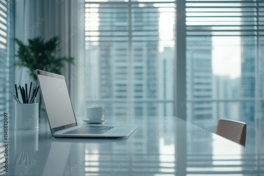 Fototapeta premium Modern workspace with laptop and coffee cup in a city view setting during daylight hours