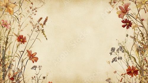 Blooming Wildflowers and Vines in Earthy Muted Tones on Textured Background