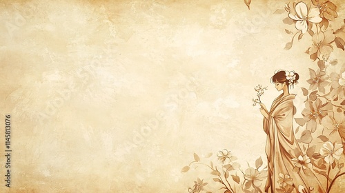 Blooming Wildflowers and Vines in Muted Earth Tones Over a Textured Neutral Backdrop