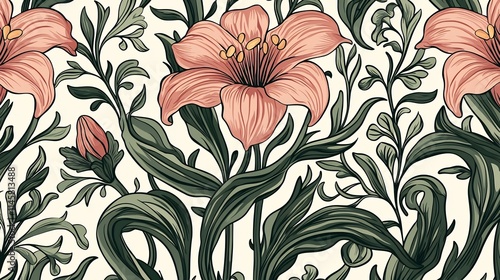 Vintage-Inspired Floral Wallpaper Pattern in Soft Pink and Green Tones