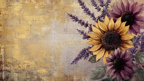 Vibrant Retro Floral Design with Bold Sunflowers and Lavender on Rustic Textured Background