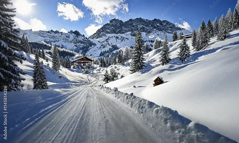 Snowy alpine road journey through majestic mountain terrain in winter Snowy alpine road journey through majestic mountain terrain in winter