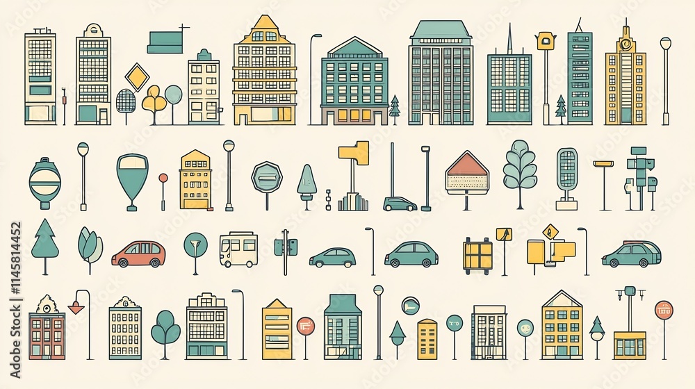 Sleek and Stylized Urban Icons with Muted Color Palette Sleek and Stylized Urban Icons with Muted Color Palette