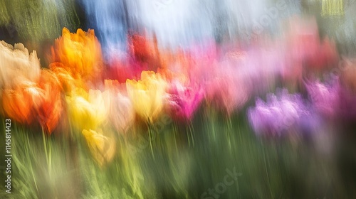 A vibrant and dreamy field of tulips in a rainbow of colors.  The motion blur creates a captivating, artistic effect.