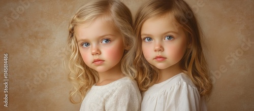 Twin sisters with charming expressions posed together in a soft beige setting capturing innocence and beauty in childhood portraits photo