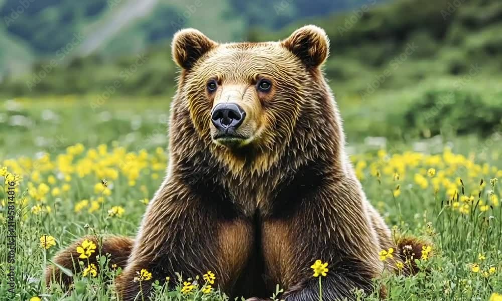 Majestic bear resting in vibrant meadow of yellow flowers Majestic bear resting in vibrant meadow of yellow flowers