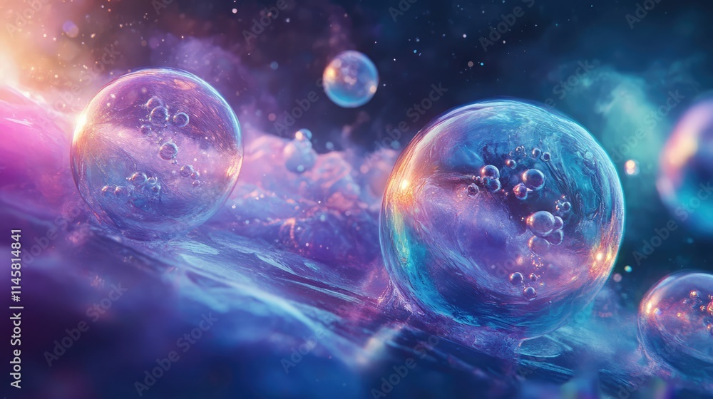 Air bubbles suspended in vibrant frozen ice with a cosmic background showcasing colorful textures and ethereal light reflections Air bubbles suspended in vibrant frozen ice with a cosmic background showcasing colorful textures and ethereal light reflections