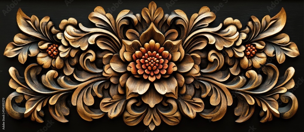 Ornate wood carving design with detailed floral patterns on black background perfect for artistic displays and elegant home decor. Ornate wood carving design with detailed floral patterns on black background perfect for artistic displays and elegant home decor.