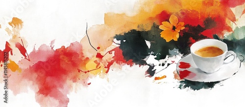 Artistic watercolor composition featuring a coffee cup and vibrant floral elements in warm hues, perfect for creative or inspirational themes.