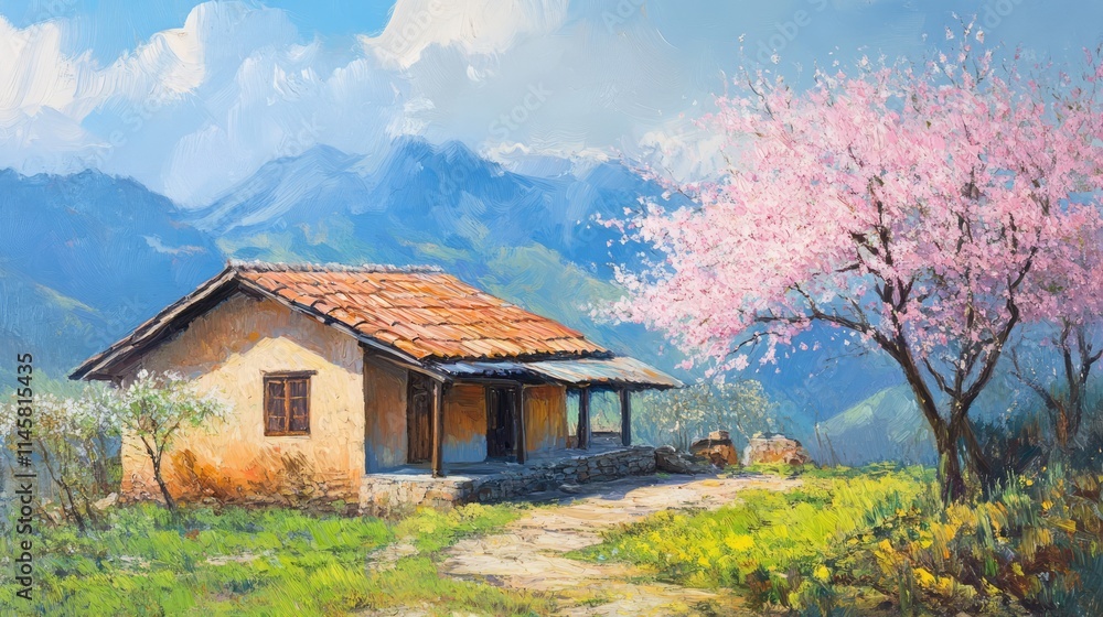 Obraz premium Rural Springtime Landscape with House and Blooming Cherry Tree in Scenic Natural Setting