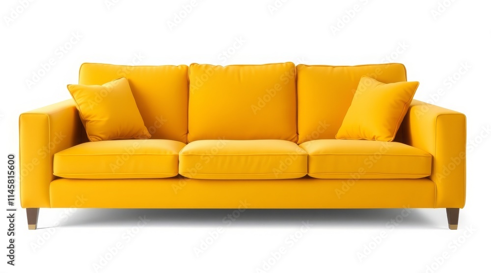 Naklejka premium Vibrant yellow sofa with plush cushions and square arms, isolated on white background