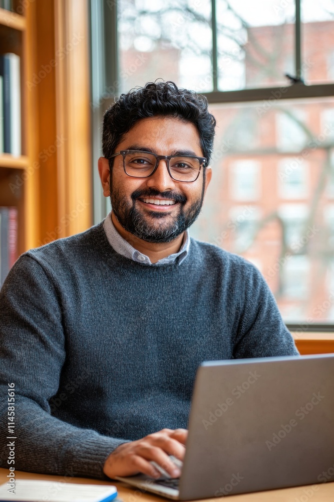 Smiling Man in Gray Sweater Working on Laptop in Cozy Office