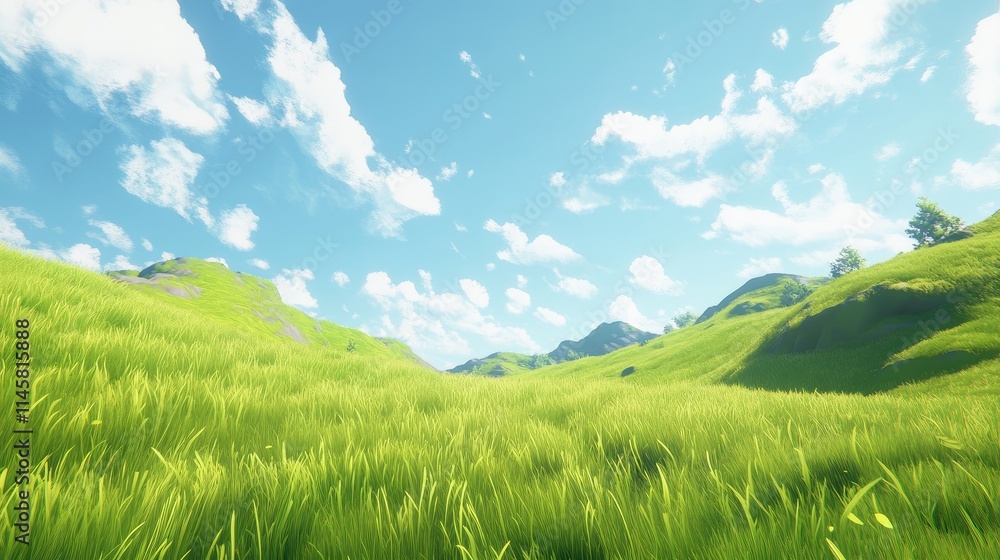 Vibrant green grassy field under a clear blue sky with fluffy clouds and rolling hills in the background showcasing natural beauty and tranquility Vibrant green grassy field under a clear blue sky with fluffy clouds and rolling hills in the background showcasing natural beauty and tranquility