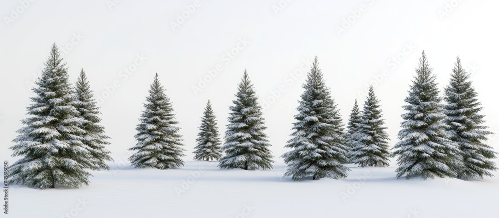 Fototapeta premium Snowy fir trees in a serene winter landscape showcasing a tranquil atmosphere and natural beauty in a snowy environment.