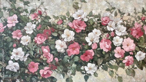 Delicate pink and white bush roses in full bloom surrounded by lush green foliage in an artistic floral arrangement