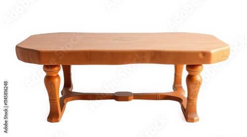 Rustic wooden coffee table with carved legs and curved edges in warm honey oak finish