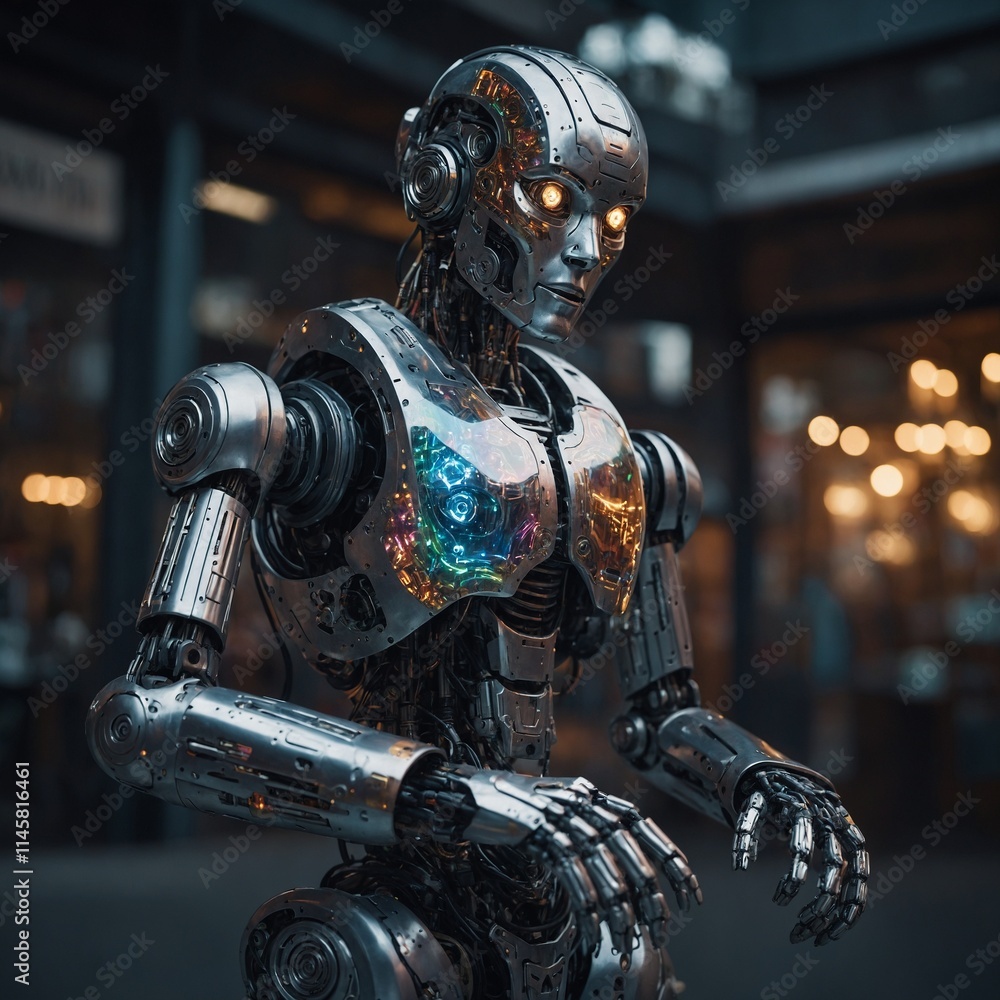 A robot with holographic tattoos shimmering on its arms. A robot with holographic tattoos shimmering on its arms.
