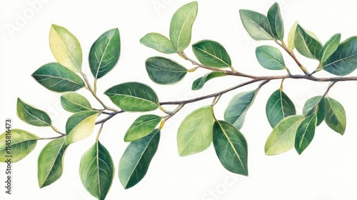 Ficus tree branch with lush green leaves showcasing a variety of textures and shades ideal for botanical illustrations and nature themes
